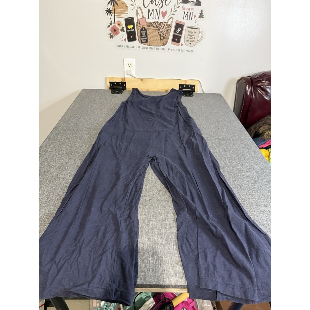 petal + pup Women's Navy Rayon Linen Scoop Neck Wide-Leg Jumpsuit Pockets Sz 6
